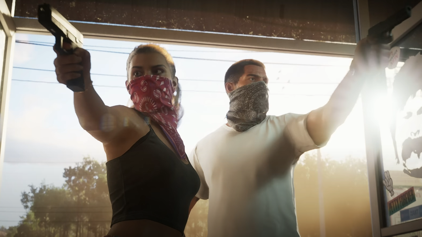 GTA 6 &mdash; Lucia and her boyfriend kick in the door of a convenience store during an armed robbery, guns in hand.